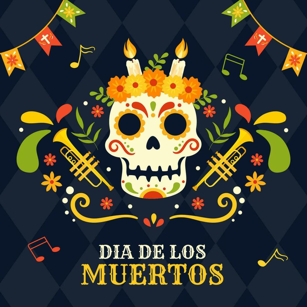 dia de los muertos social media illustration platt tecknad serie hand dragen mallar bakgrund vektor