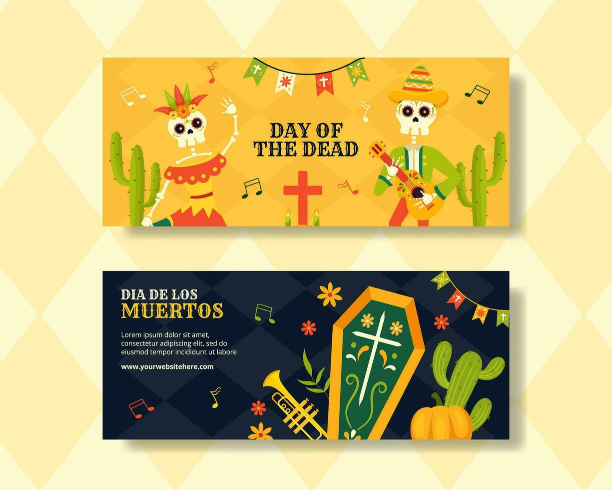 dia de los muertos horisontell baner illustration platt tecknad serie hand dragen mallar bakgrund vektor