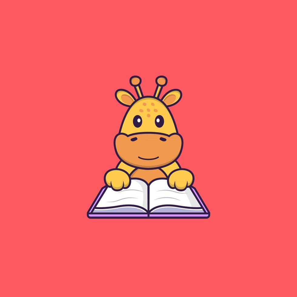 süße Giraffe, die ein Buch liest. Tierkarikaturkonzept isoliert. kann für T-Shirt, Grußkarte, Einladungskarte oder Maskottchen verwendet werden. flacher Cartoon-Stil vektor