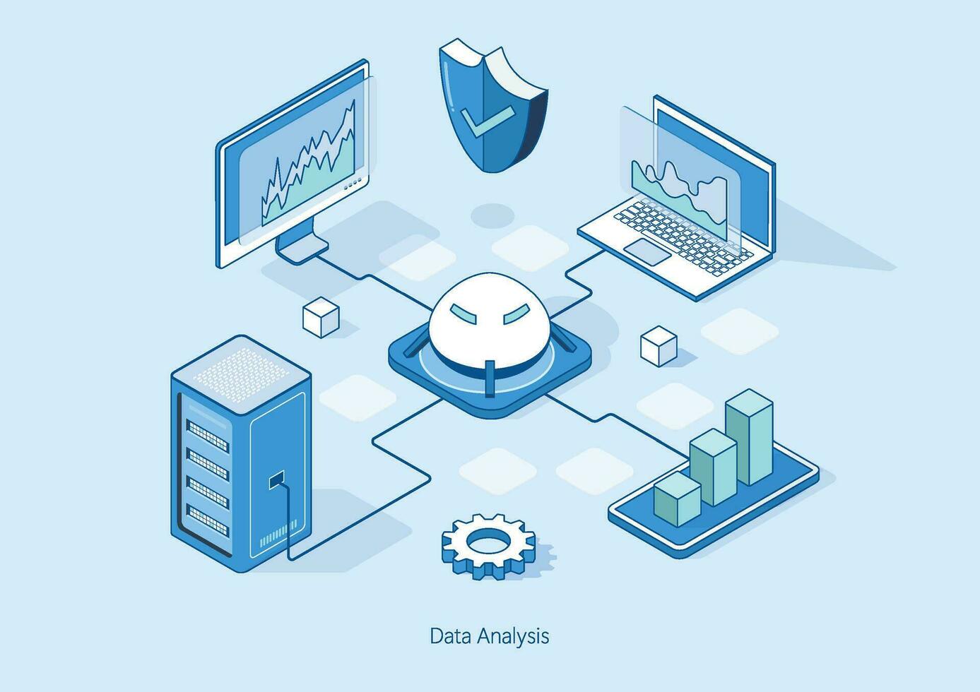 isometrisk data analys. modern digital grafik och diagram analyserar statistik. 3d datacenter eller data Centrum rum bakgrund. illustratör vektor. vektor