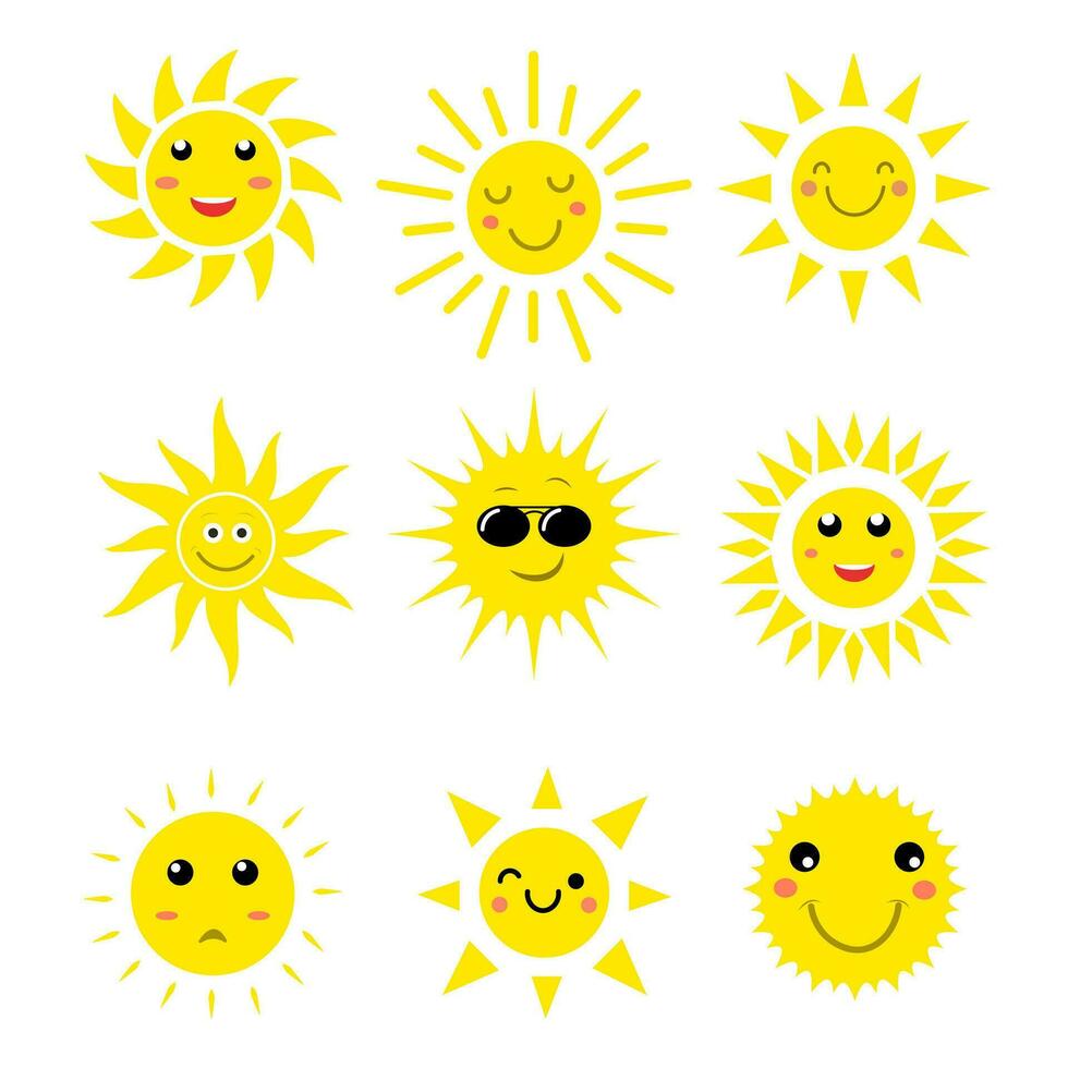 Karikatur Stil Sonne Emoji. Sommer- Konzept komisch Sonne Gesichts- Ausdrücke. isoliert Vektor Illustration.