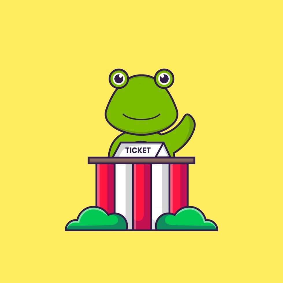 Der süße Frosch ist ein Tickethalter. Tierkarikaturkonzept isoliert. kann für T-Shirt, Grußkarte, Einladungskarte oder Maskottchen verwendet werden. flacher Cartoon-Stil vektor