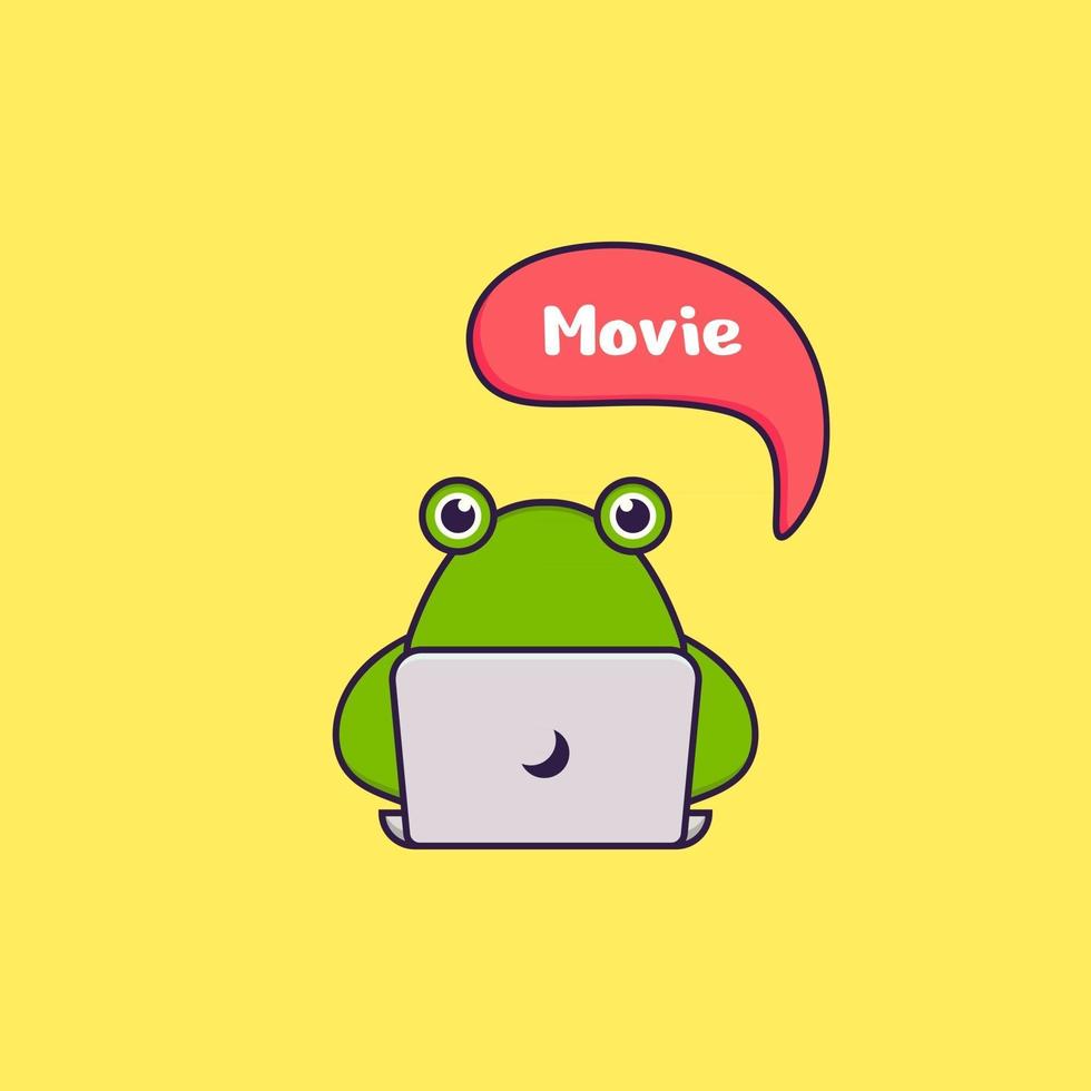 süßer Frosch sieht sich einen Film an. Tierkarikaturkonzept isoliert. kann für T-Shirt, Grußkarte, Einladungskarte oder Maskottchen verwendet werden. flacher Cartoon-Stil vektor