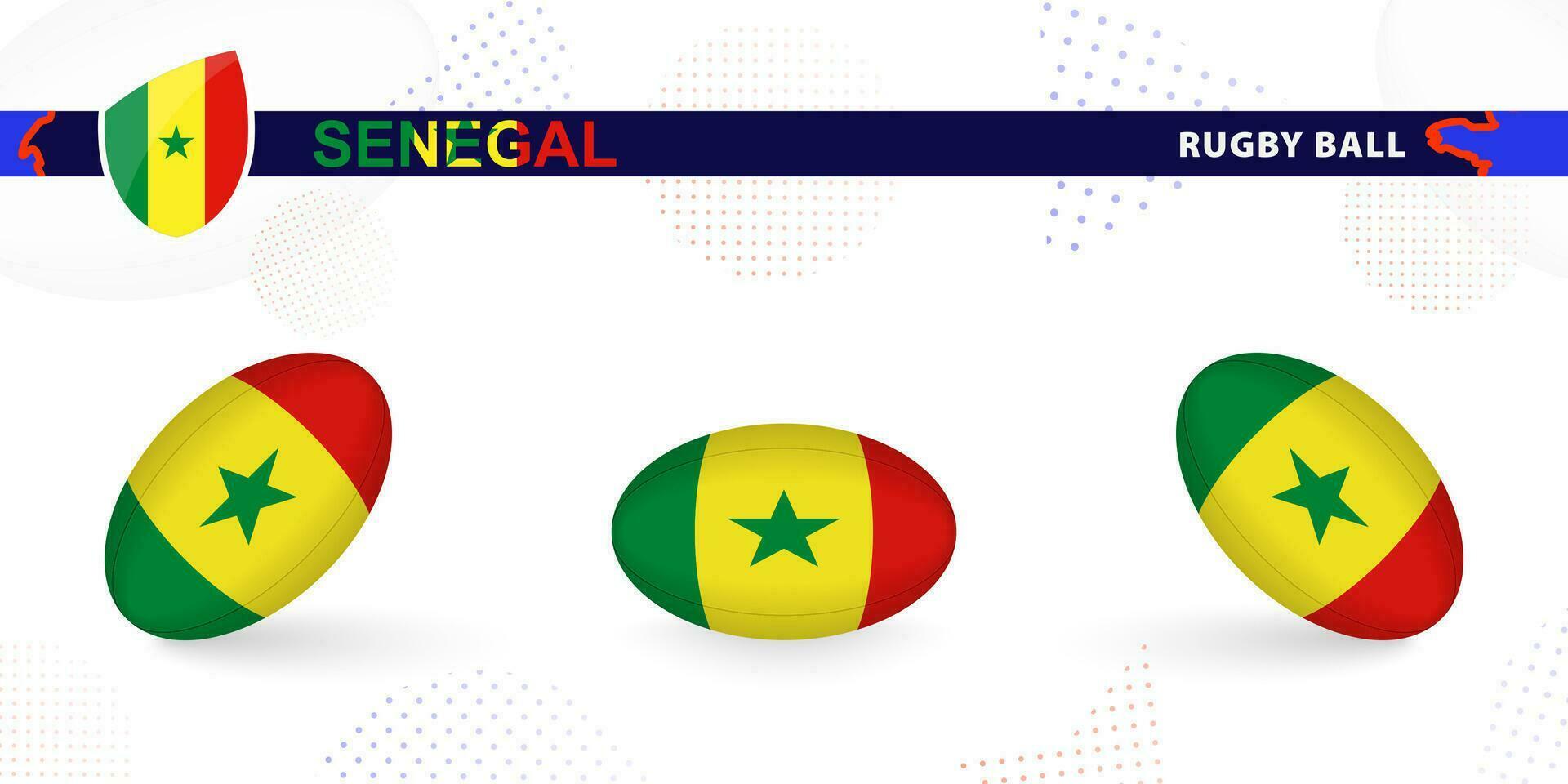 Rugby Ball einstellen mit das Flagge von Senegal im verschiedene Winkel auf abstrakt Hintergrund. vektor