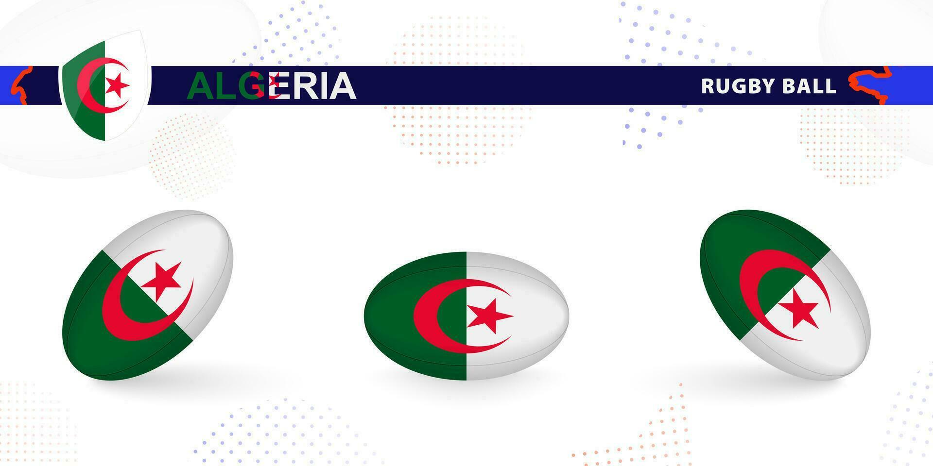 Rugby Ball einstellen mit das Flagge von Algerien im verschiedene Winkel auf abstrakt Hintergrund. vektor