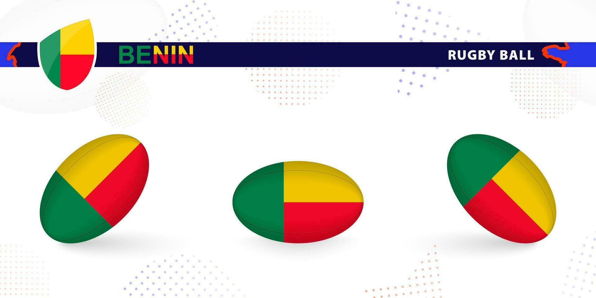 Rugby Ball einstellen mit das Flagge von Benin im verschiedene Winkel auf abstrakt Hintergrund. vektor