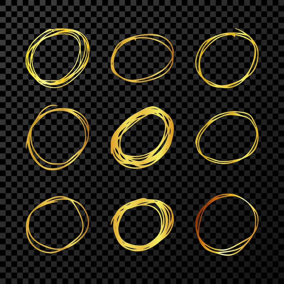hand dragen klottra cirklar. uppsättning av nio guld klotter runda cirkulär design element på mörk bakgrund. vektor illustration