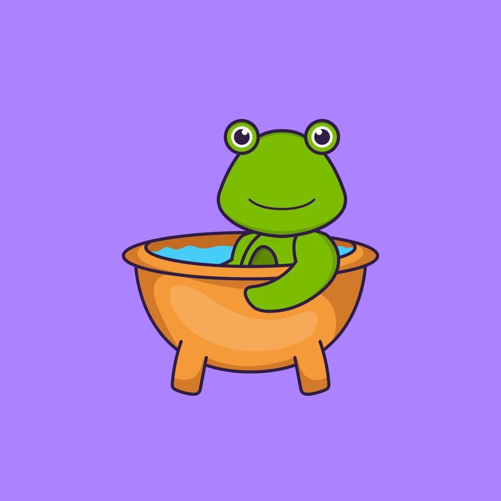 süßer Frosch, der ein Bad in der Badewanne nimmt. Tierkarikaturkonzept isoliert. kann für T-Shirt, Grußkarte, Einladungskarte oder Maskottchen verwendet werden. flacher Cartoon-Stil vektor