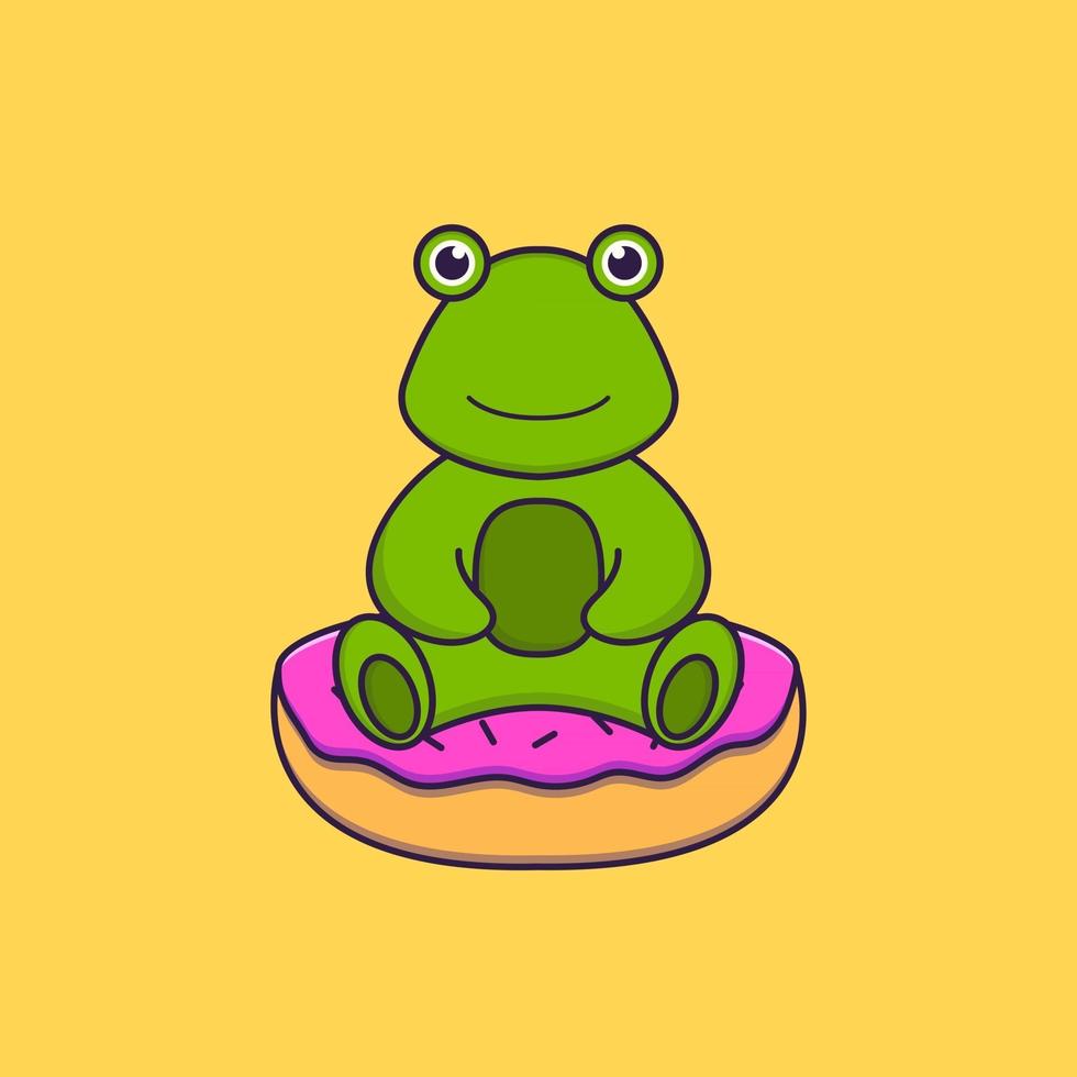 süßer Frosch sitzt auf Donuts. Tierkarikaturkonzept isoliert. kann für T-Shirt, Grußkarte, Einladungskarte oder Maskottchen verwendet werden. flacher Cartoon-Stil vektor