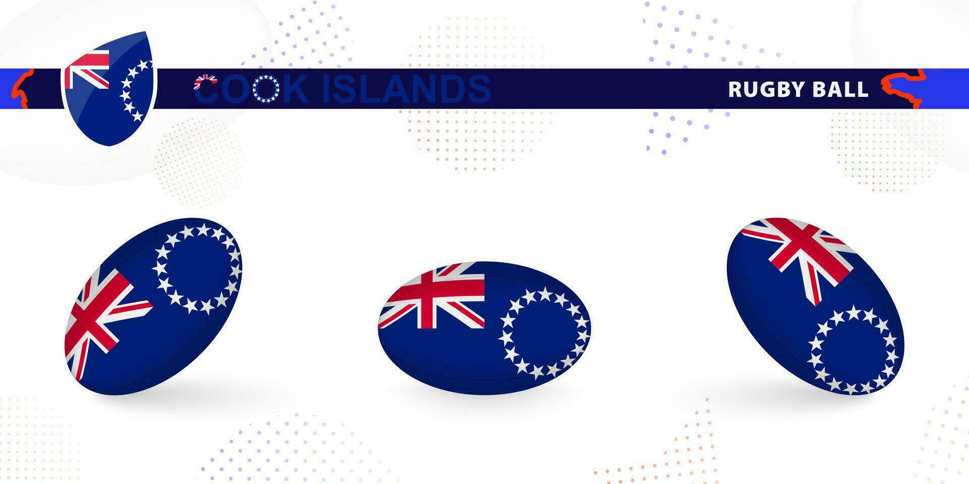 Rugby Ball einstellen mit das Flagge von Koch Inseln im verschiedene Winkel auf abstrakt Hintergrund. vektor