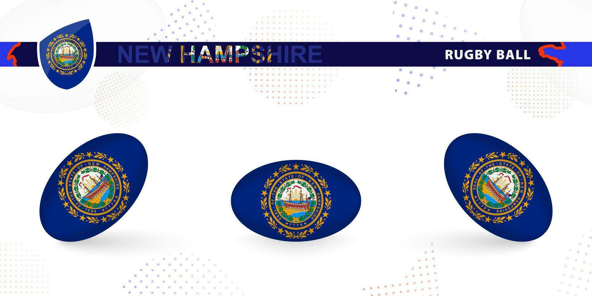 Rugby Ball einstellen mit das Flagge von Neu Hampshire im verschiedene Winkel auf abstrakt Hintergrund. vektor