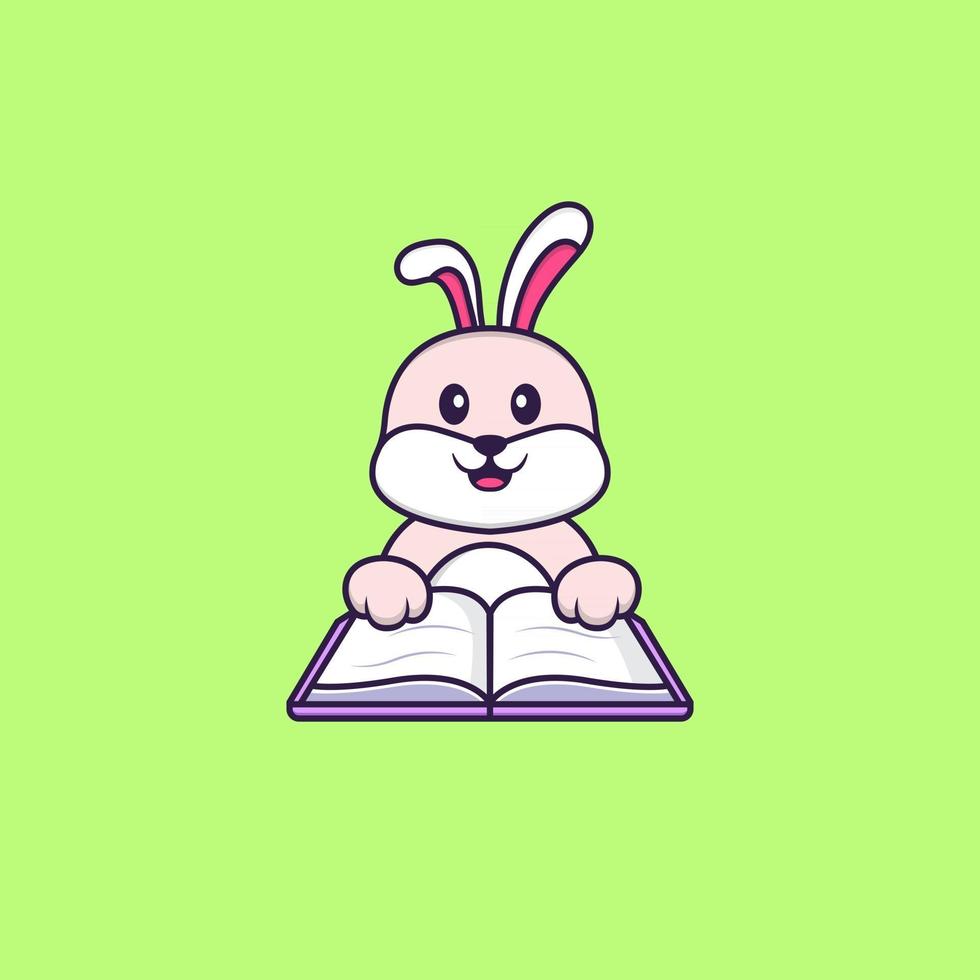 süßes Kaninchen, das ein Buch liest. Tierkarikaturkonzept isoliert. kann für T-Shirt, Grußkarte, Einladungskarte oder Maskottchen verwendet werden. flacher Cartoon-Stil vektor