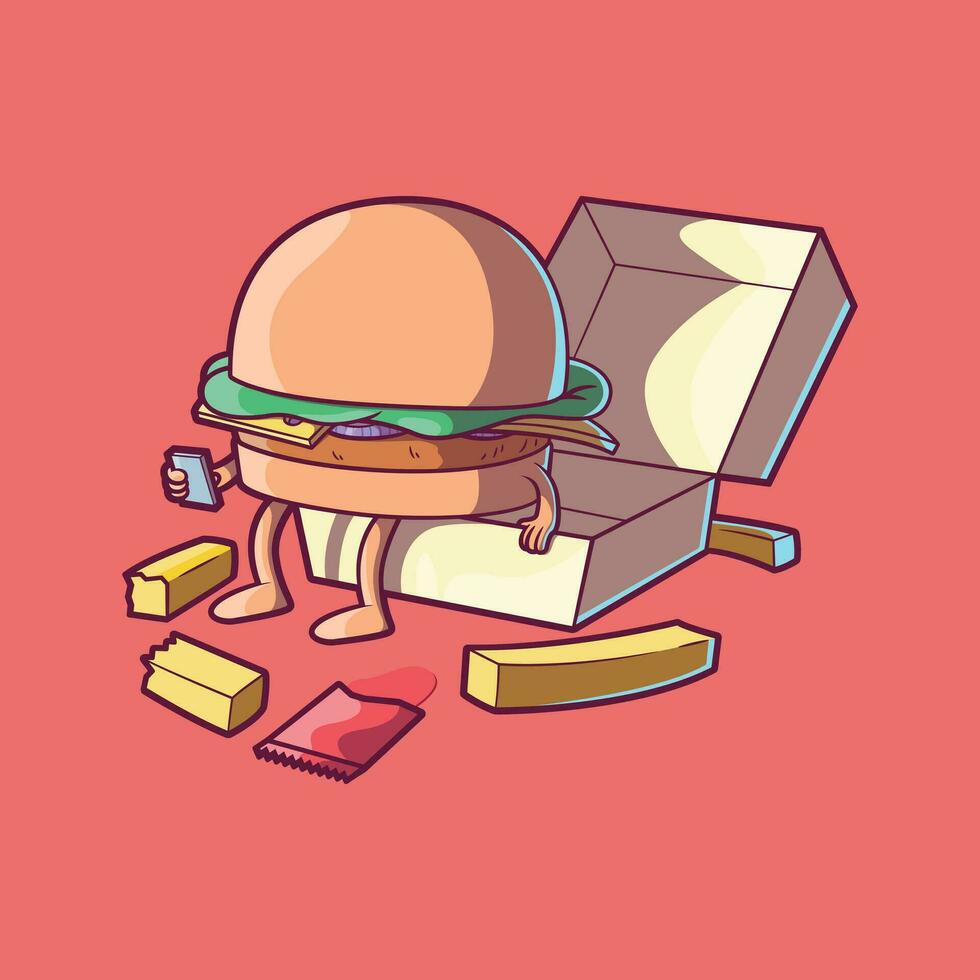 ein Hamburger Charakter sitzend auf ein schnell Essen Box Vektor Illustration. Essen, lustig, Marke Design Konzept.