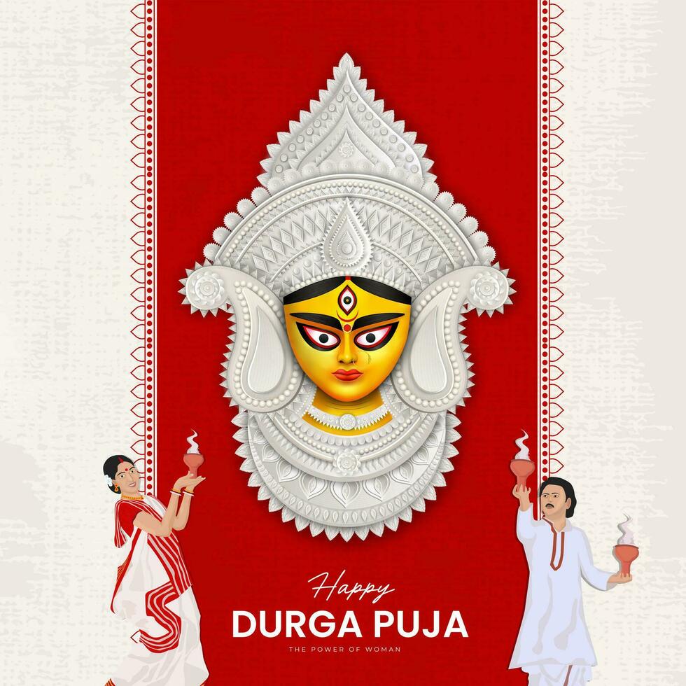 Göttin maa Durga Gesicht im glücklich Durga Puja, Dussehra, und navratri Feier Konzept zum Netz Banner, Poster, Sozial Medien Post, und Flyer Werbung vektor