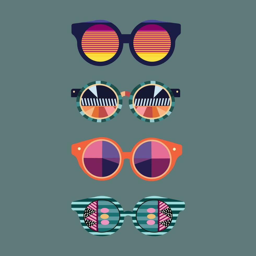 einstellen von geometrisch abstrakt Sonnenbrille.70er Jahre retro Hippie style.vibes funky Brille mit Deko Elemente.Vintage Nostalgie psychedelisch Elemente. vektor
