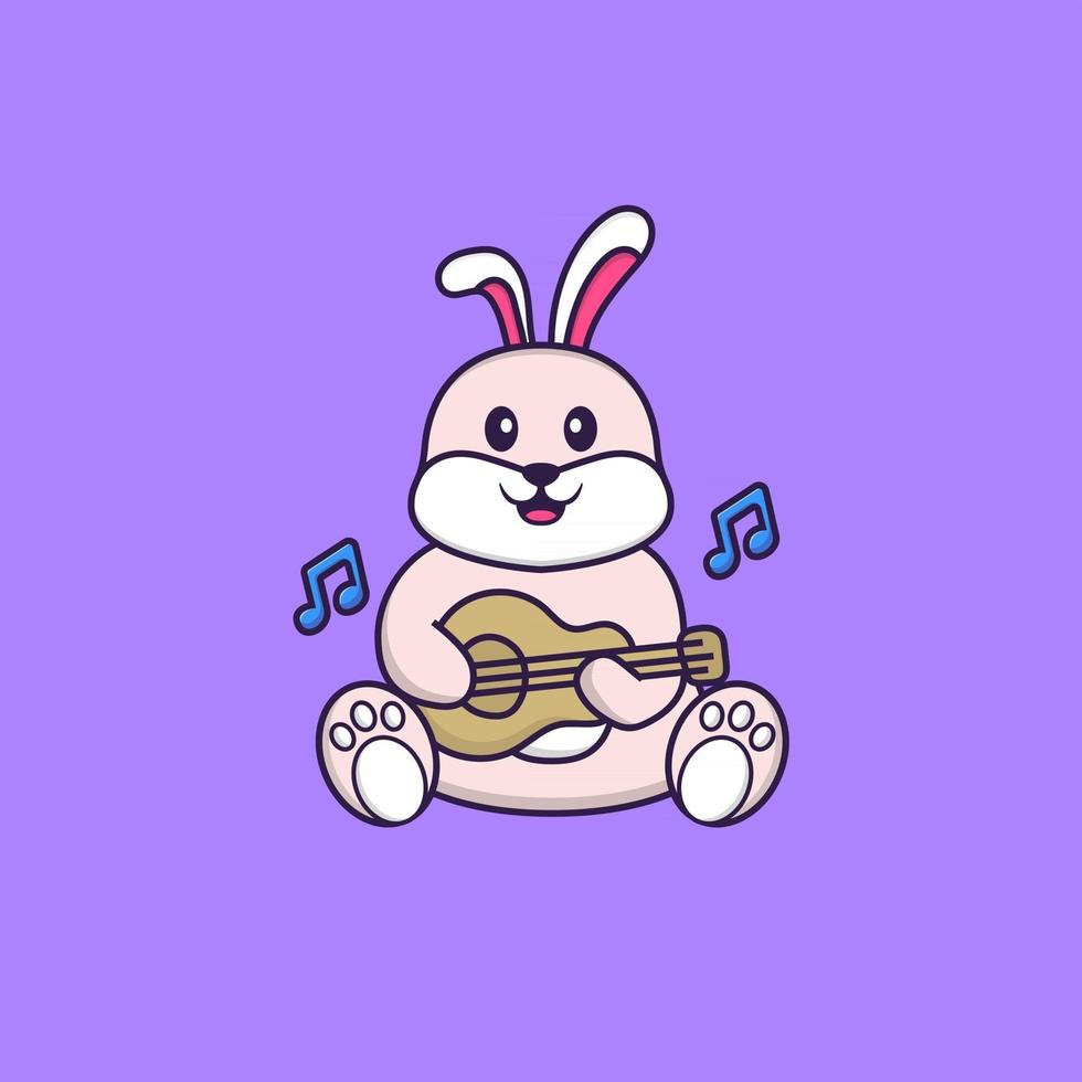 süßes Kaninchen, das Gitarre spielt. Tierkarikaturkonzept isoliert. kann für T-Shirt, Grußkarte, Einladungskarte oder Maskottchen verwendet werden. flacher Cartoon-Stil vektor