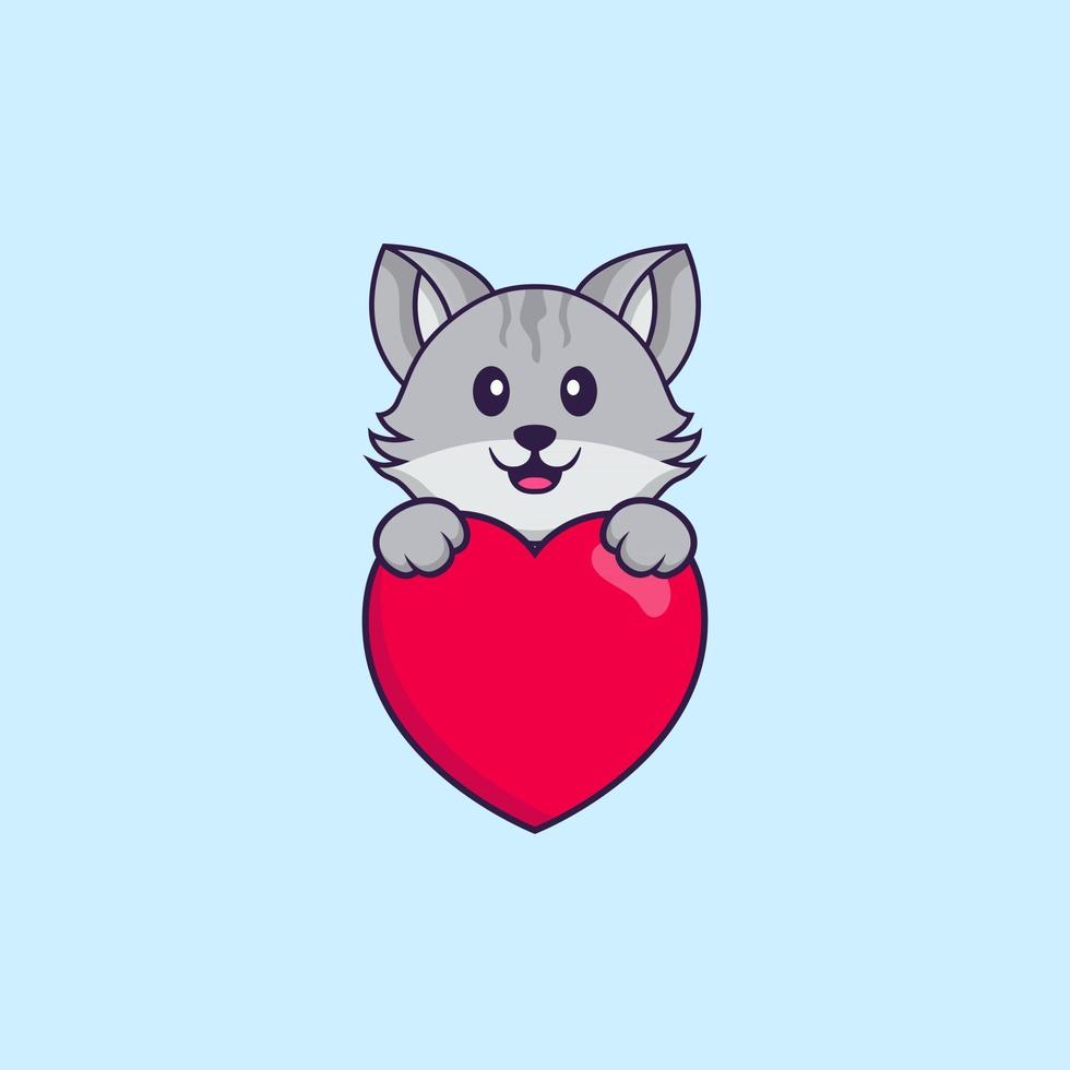 söt katt som håller ett stort rött hjärta. djur tecknad koncept isolerad. kan användas för t-shirt, gratulationskort, inbjudningskort eller maskot. platt tecknad stil vektor