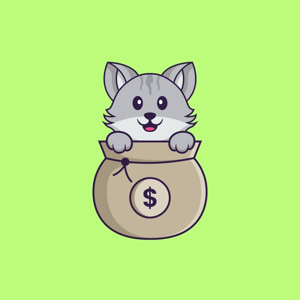 söt katt som leker i pengarpåse. djur tecknad koncept isolerad. kan användas för t-shirt, gratulationskort, inbjudningskort eller maskot. platt tecknad stil vektor