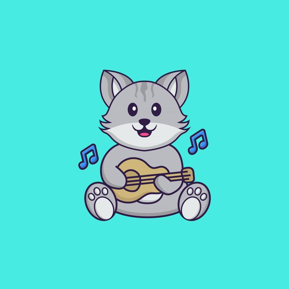 süße Katze, die Gitarre spielt. Tierkarikaturkonzept isoliert. kann für T-Shirt, Grußkarte, Einladungskarte oder Maskottchen verwendet werden. flacher Cartoon-Stil vektor