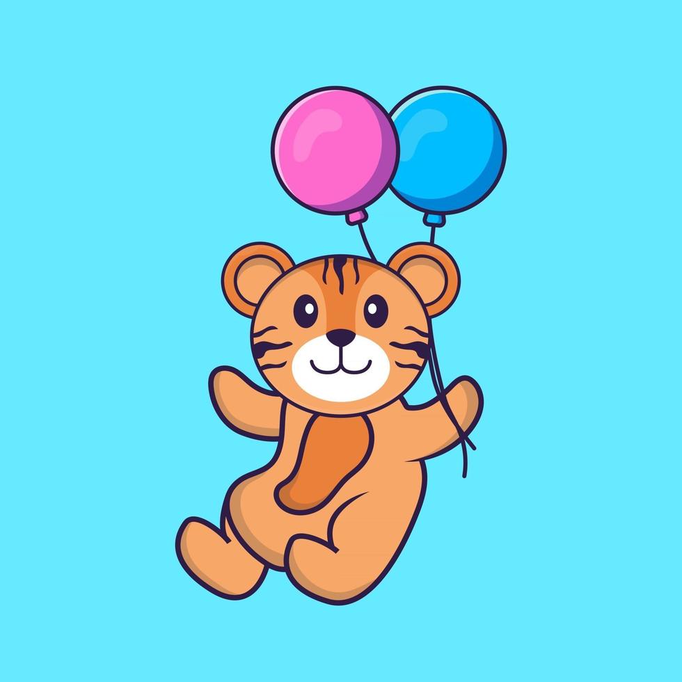 süßer Tiger, der mit zwei Ballons fliegt. Tierkarikaturkonzept isoliert. kann für T-Shirt, Grußkarte, Einladungskarte oder Maskottchen verwendet werden. flacher Cartoon-Stil vektor