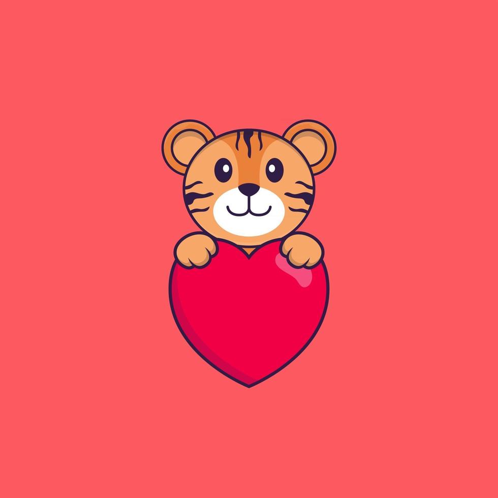süßer Tiger, der ein großes rotes Herz hält. Tierkarikaturkonzept isoliert. kann für T-Shirt, Grußkarte, Einladungskarte oder Maskottchen verwendet werden. flacher Cartoon-Stil vektor