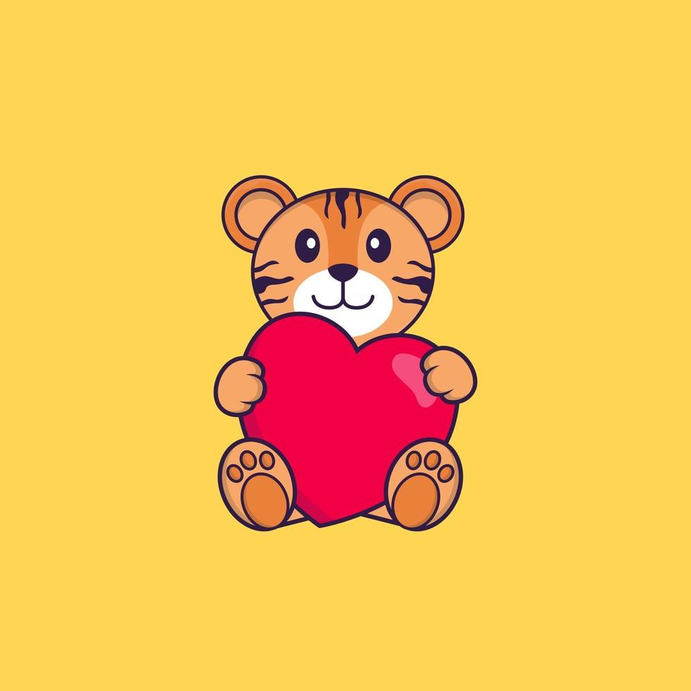 süßer Tiger, der ein großes rotes Herz hält. Tierkarikaturkonzept isoliert. kann für T-Shirt, Grußkarte, Einladungskarte oder Maskottchen verwendet werden. flacher Cartoon-Stil vektor