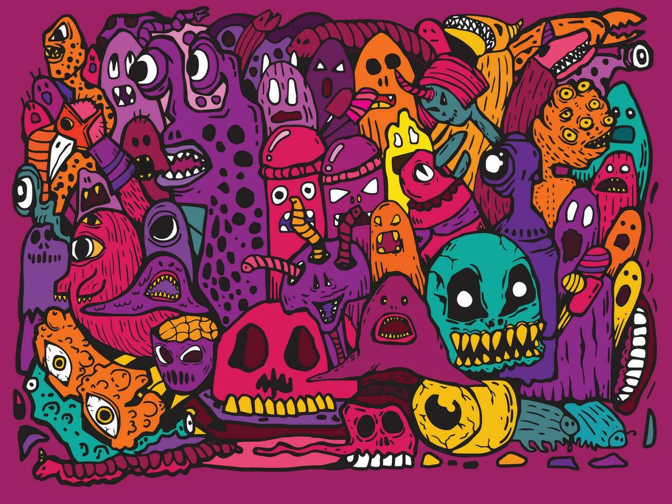 lebendig Farbe Muster grafiti zeichnet Gekritzel Kunst Muster Halloween Monster- zum Textilien Kinder- Kleidung cool Hintergrund Kleidungsstück, Hintergründe, Hintergrund, Drucken, Skateboards, Schuhe und Taschen. vektor