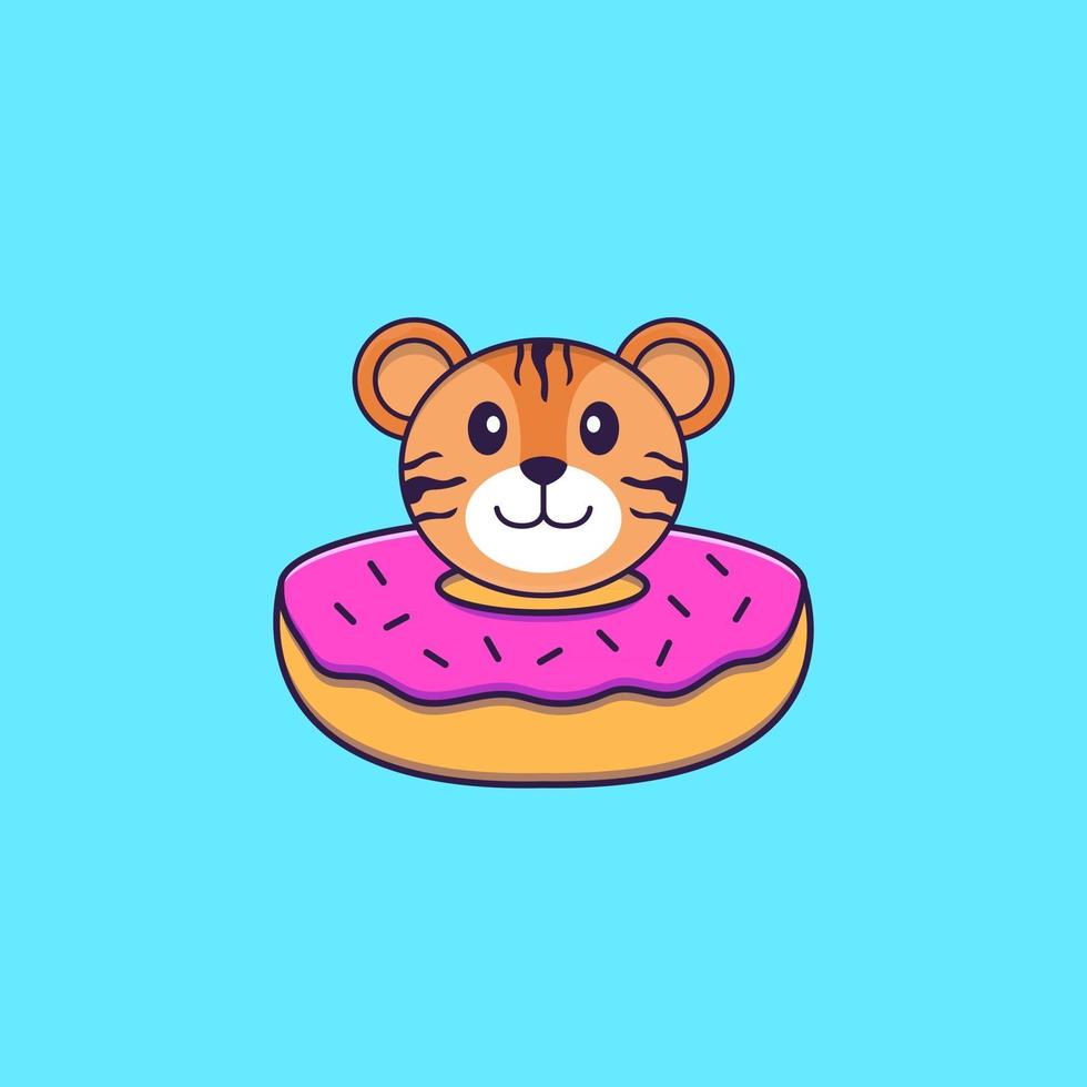 süßer Tiger mit einem Donut am Hals. Tierkarikaturkonzept isoliert. kann für T-Shirt, Grußkarte, Einladungskarte oder Maskottchen verwendet werden. flacher Cartoon-Stil vektor