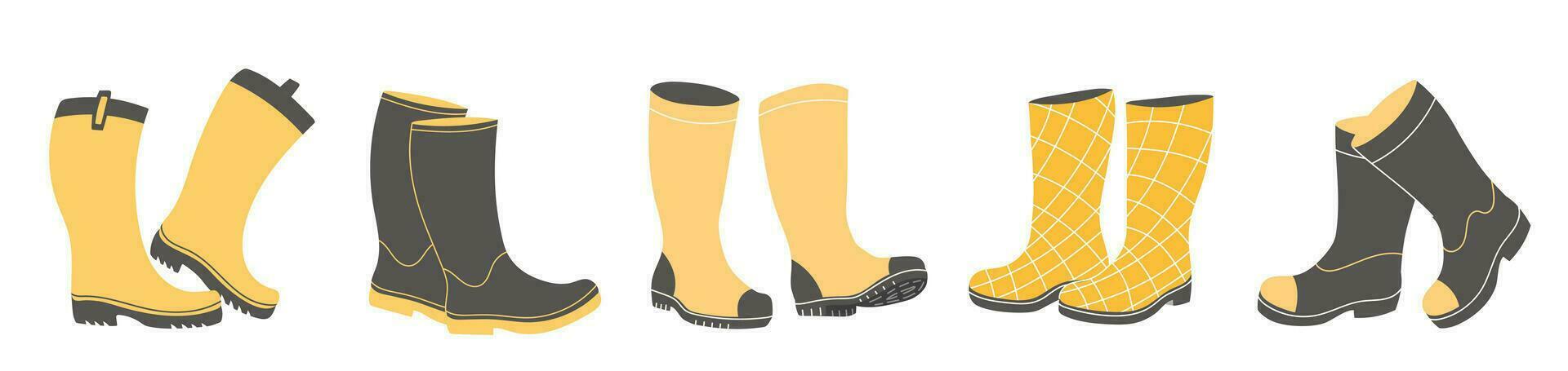 Gelb und schwarz Gummistiefel Sammlung. Gummi Stiefel Herbst Konzept. einstellen von Gummistiefel auf ein Weiß Hintergrund. Herbst Schuhwerk. Vektor Illustration