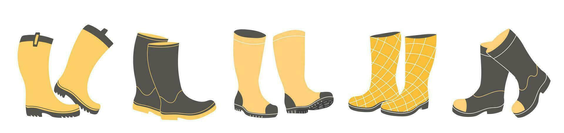 gul och svart wellies samling. sudd stövlar höst begrepp. uppsättning av gumboots på en vit bakgrund. höst Skodon. vektor illustration