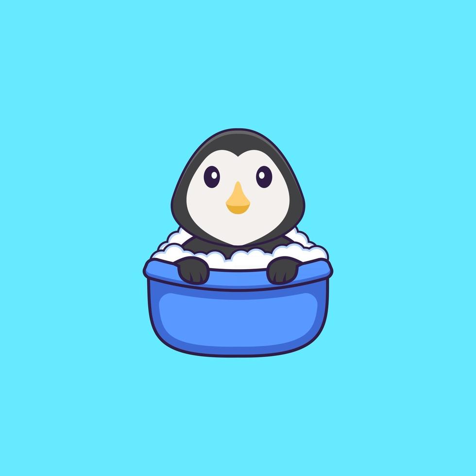söt pingvin som tar ett bad i badkaret. djur tecknad koncept isolerad. kan användas för t-shirt, gratulationskort, inbjudningskort eller maskot. platt tecknad stil vektor