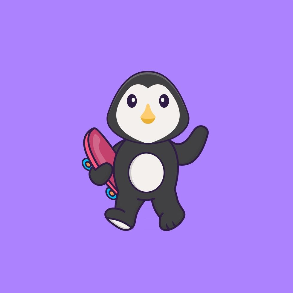 süßer Pinguin, der ein Skateboard hält. Tierkarikaturkonzept isoliert. kann für T-Shirt, Grußkarte, Einladungskarte oder Maskottchen verwendet werden. flacher Cartoon-Stil vektor