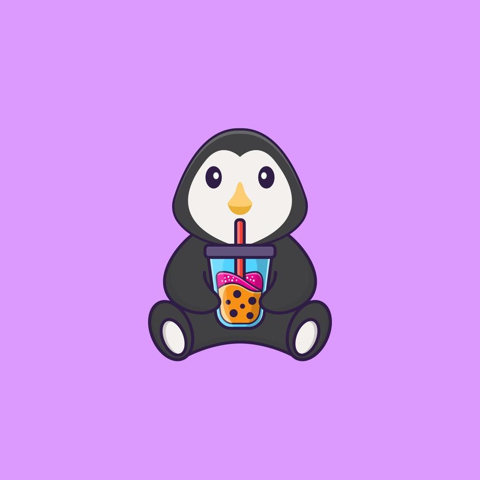 süßer Pinguin, der Boba-Milchtee trinkt. Tierkarikaturkonzept isoliert. kann für T-Shirt, Grußkarte, Einladungskarte oder Maskottchen verwendet werden. flacher Cartoon-Stil vektor