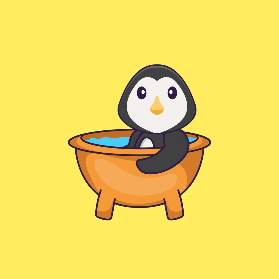 söt pingvin som tar ett bad i badkaret. djur tecknad koncept isolerad. kan användas för t-shirt, gratulationskort, inbjudningskort eller maskot. platt tecknad stil vektor
