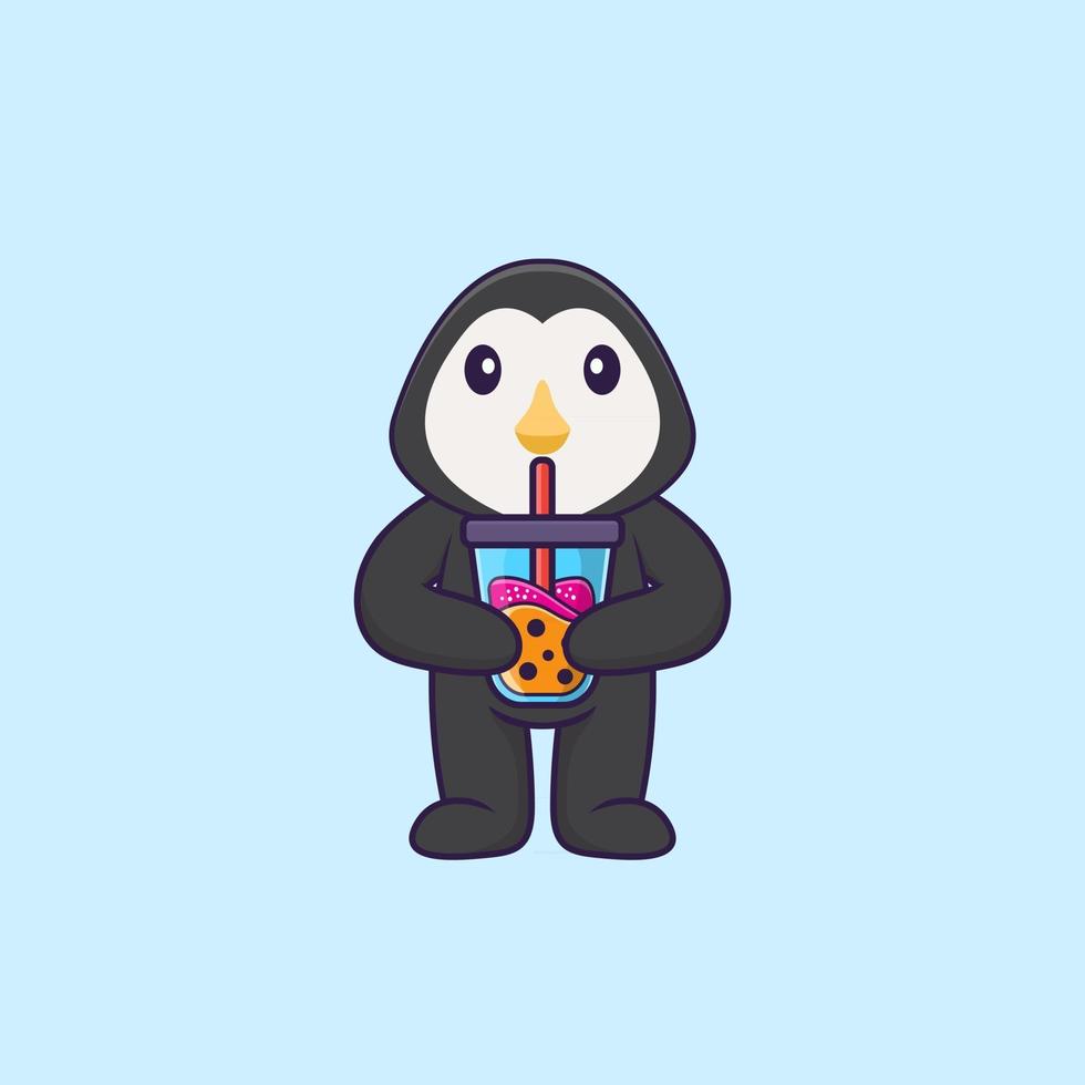 söt pingvin dricka boba mjölk te. djur tecknad koncept isolerad. kan användas för t-shirt, gratulationskort, inbjudningskort eller maskot. platt tecknad stil vektor