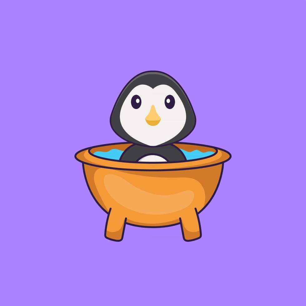süßer Pinguin, der ein Bad in der Badewanne nimmt. Tierkarikaturkonzept isoliert. kann für T-Shirt, Grußkarte, Einladungskarte oder Maskottchen verwendet werden. flacher Cartoon-Stil vektor