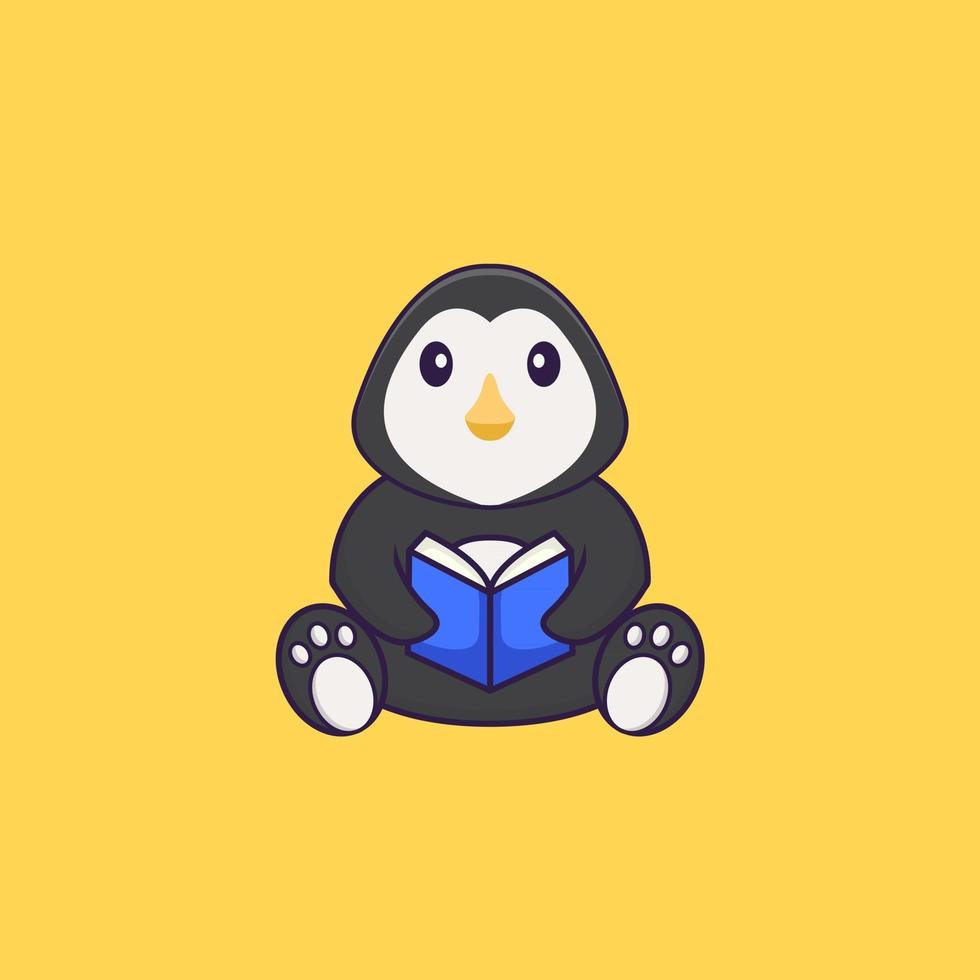 süßer Pinguin, der ein Buch liest. Tierkarikaturkonzept isoliert. kann für T-Shirt, Grußkarte, Einladungskarte oder Maskottchen verwendet werden. flacher Cartoon-Stil vektor