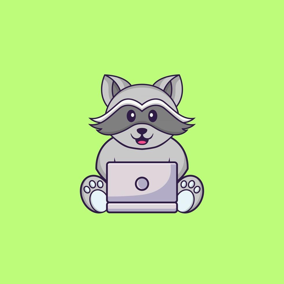 söt tvättbjörn med bärbar dator. djur tecknad koncept isolerad. kan användas för t-shirt, gratulationskort, inbjudningskort eller maskot. platt tecknad stil vektor