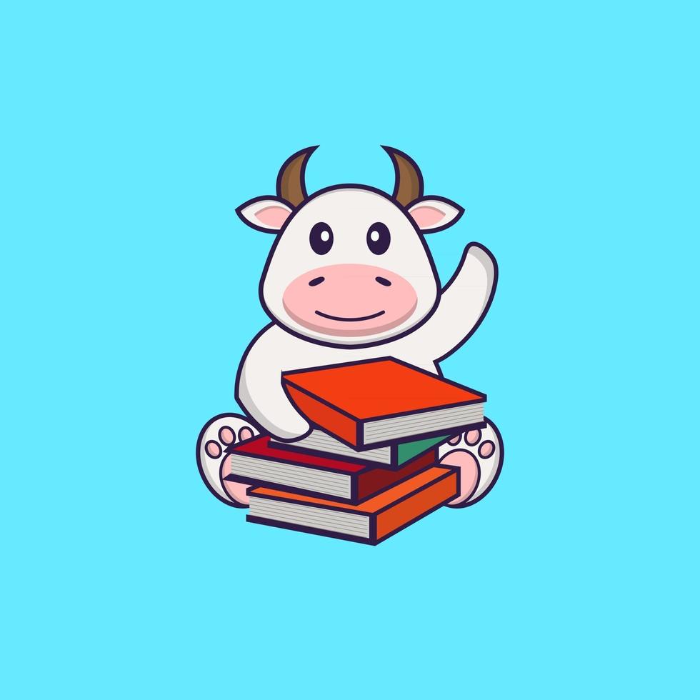 süße Kuh, die ein Buch liest. Tierkarikaturkonzept isoliert. kann für T-Shirt, Grußkarte, Einladungskarte oder Maskottchen verwendet werden. flacher Cartoon-Stil vektor