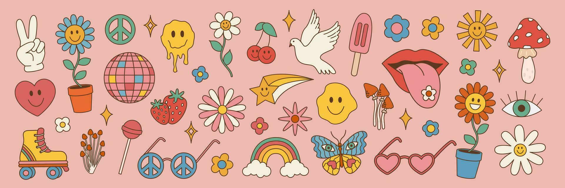 häftig hippie uppsättning av 70s 80s element. vektor illustration i årgång stil, blomma, regnbåge, hjärta, svamp