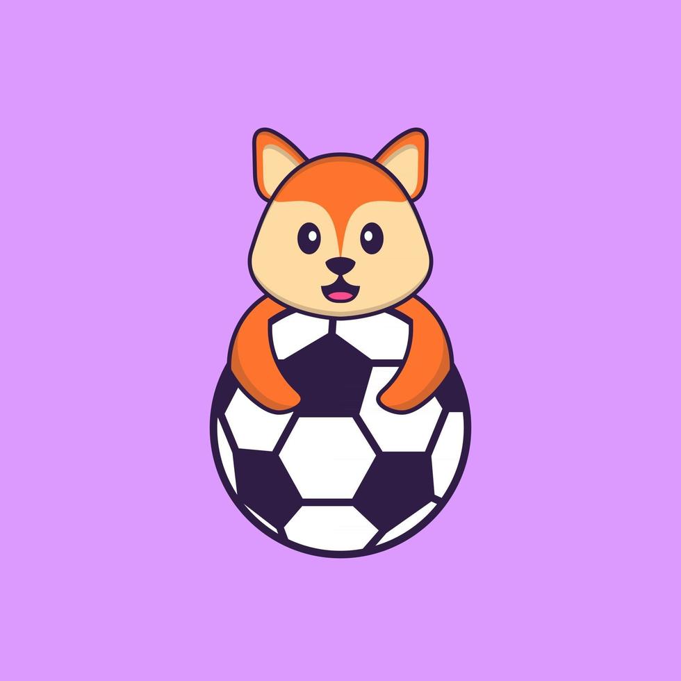 söt räv som spelar fotboll. djur tecknad koncept isolerad. kan användas för t-shirt, gratulationskort, inbjudningskort eller maskot. platt tecknad stil vektor