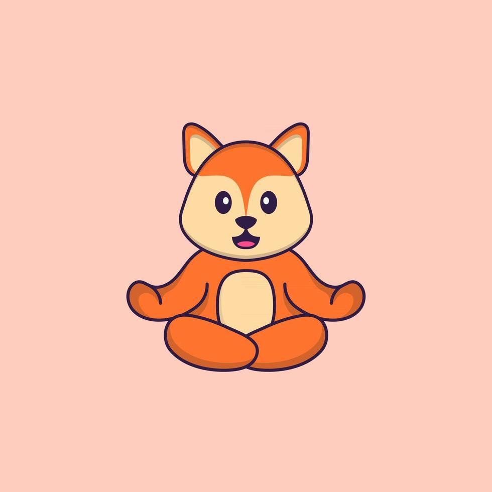 Der süße Fuchs meditiert oder macht Yoga. Tierkarikaturkonzept isoliert. kann für T-Shirt, Grußkarte, Einladungskarte oder Maskottchen verwendet werden. flacher Cartoon-Stil vektor