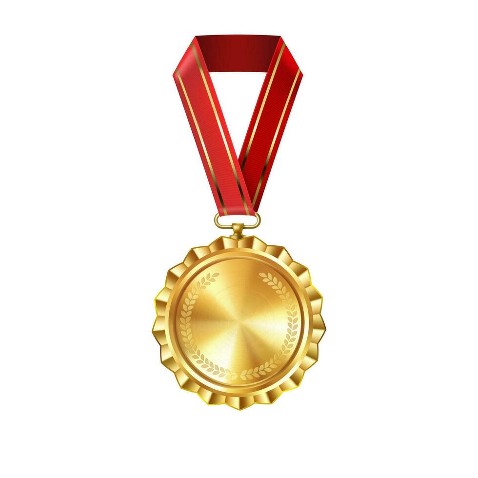 realistisch Gold leeren Medaille auf rot Schleife. Sport Wettbewerb Auszeichnungen zum zuerst Ort. Meisterschaft Belohnung zum Siege und Erfolge vektor