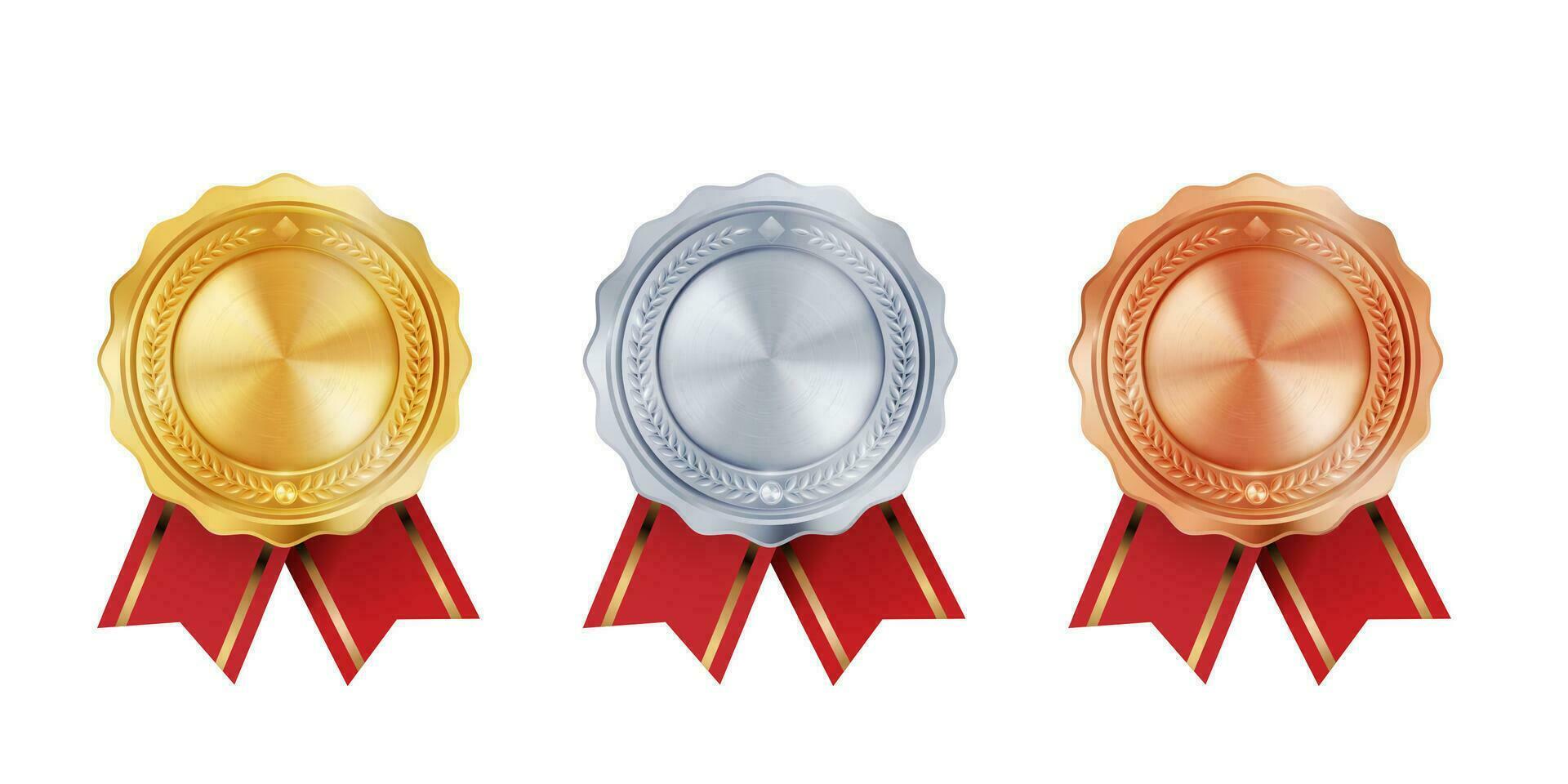 glänzend Gold, Silber, und Bronze- vergeben Medaillen mit rot Band Rosetten. Vektor Sammlung auf Weiß Hintergrund. Symbol von Gewinner und Erfolge.