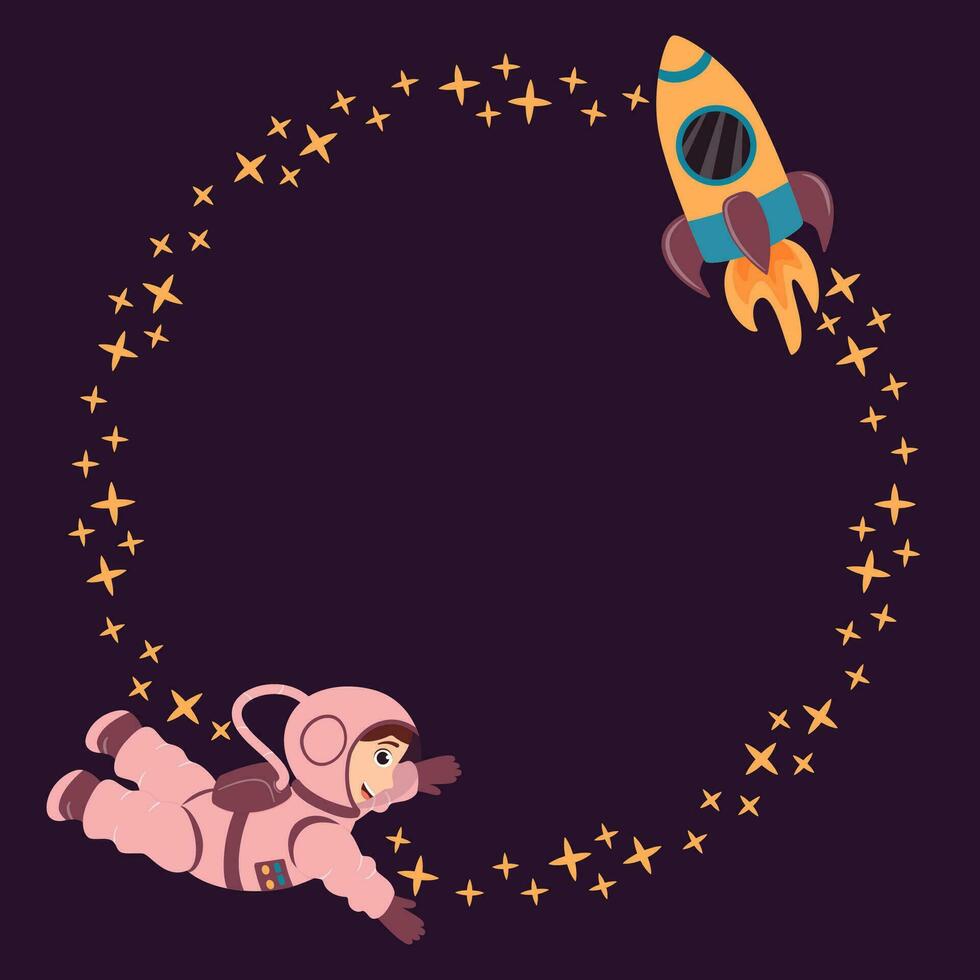 ein runden Rahmen von Sterne, ein Rakete und ein süß Astronaut im ein Karikatur Stil. vektor
