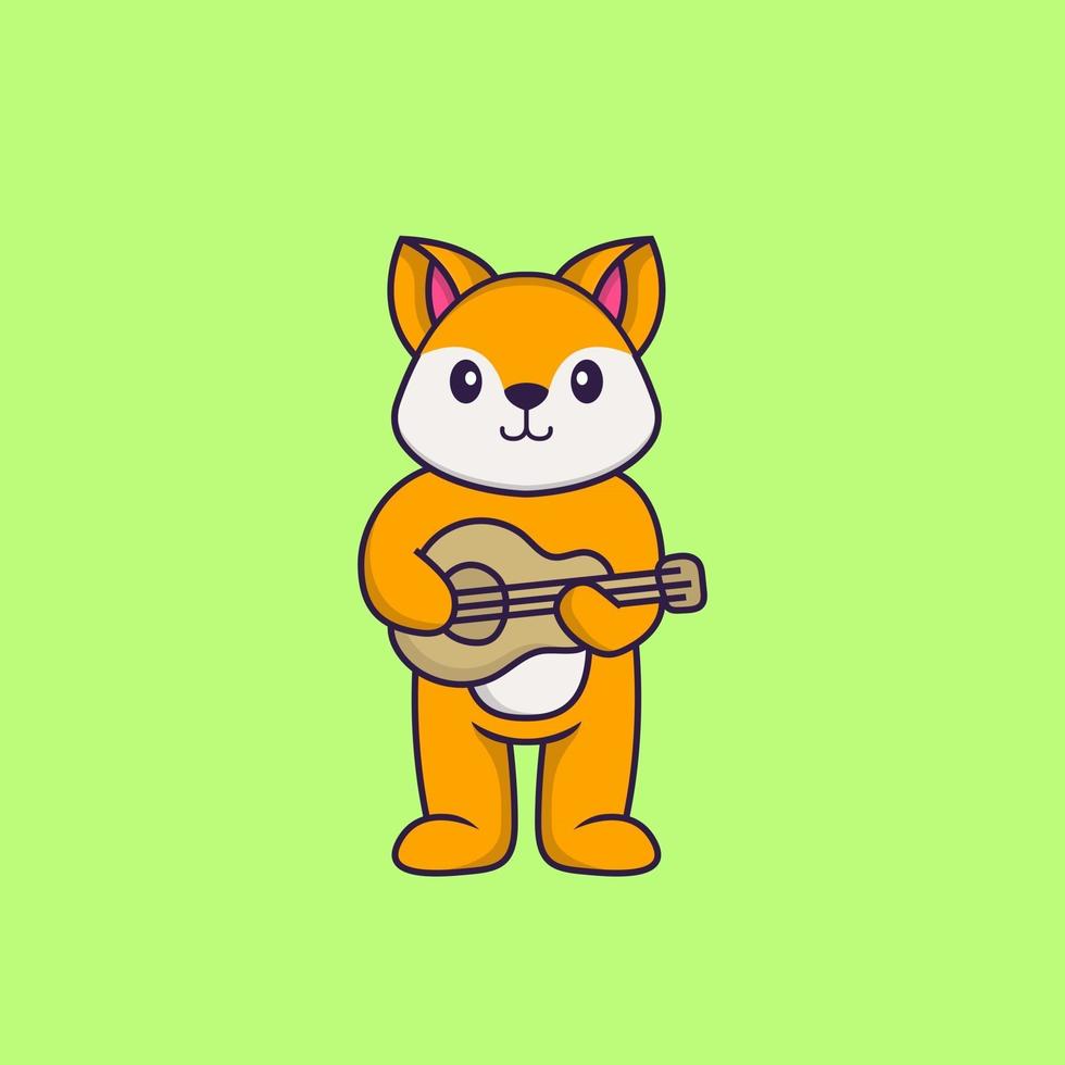 süßer Fuchs, der Gitarre spielt. Tierkarikaturkonzept isoliert. kann für T-Shirt, Grußkarte, Einladungskarte oder Maskottchen verwendet werden. flacher Cartoon-Stil vektor