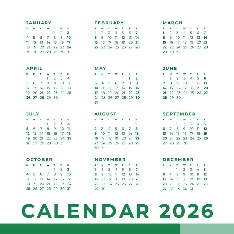 enkel kalender 2026, vecka Start söndag mall. vektor