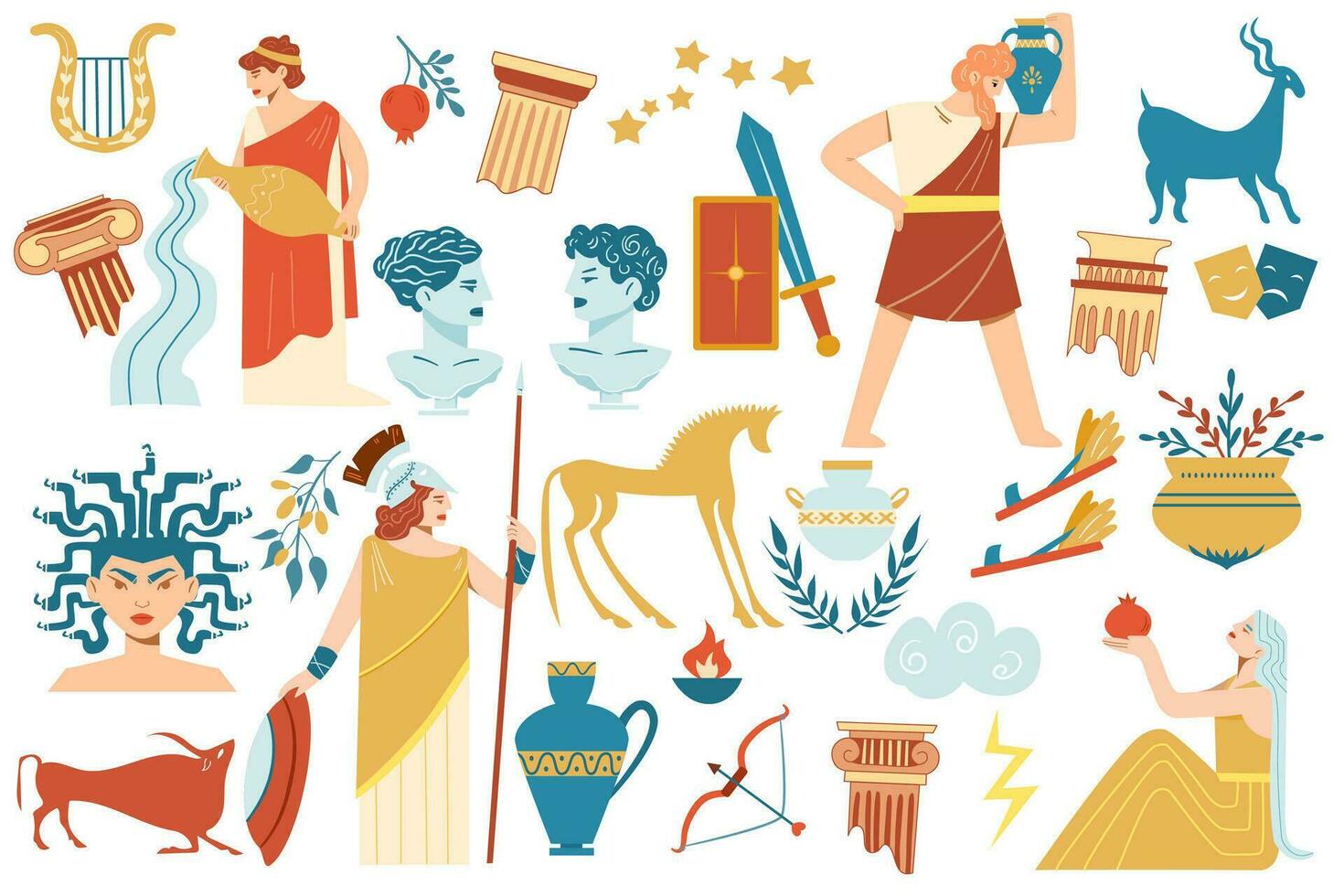 vektor illustration av en knippa av antik tecken och symboler. symboler av de gudar av gammal grekland. element av mytologi. gudar, djur, vaser och kolumner.