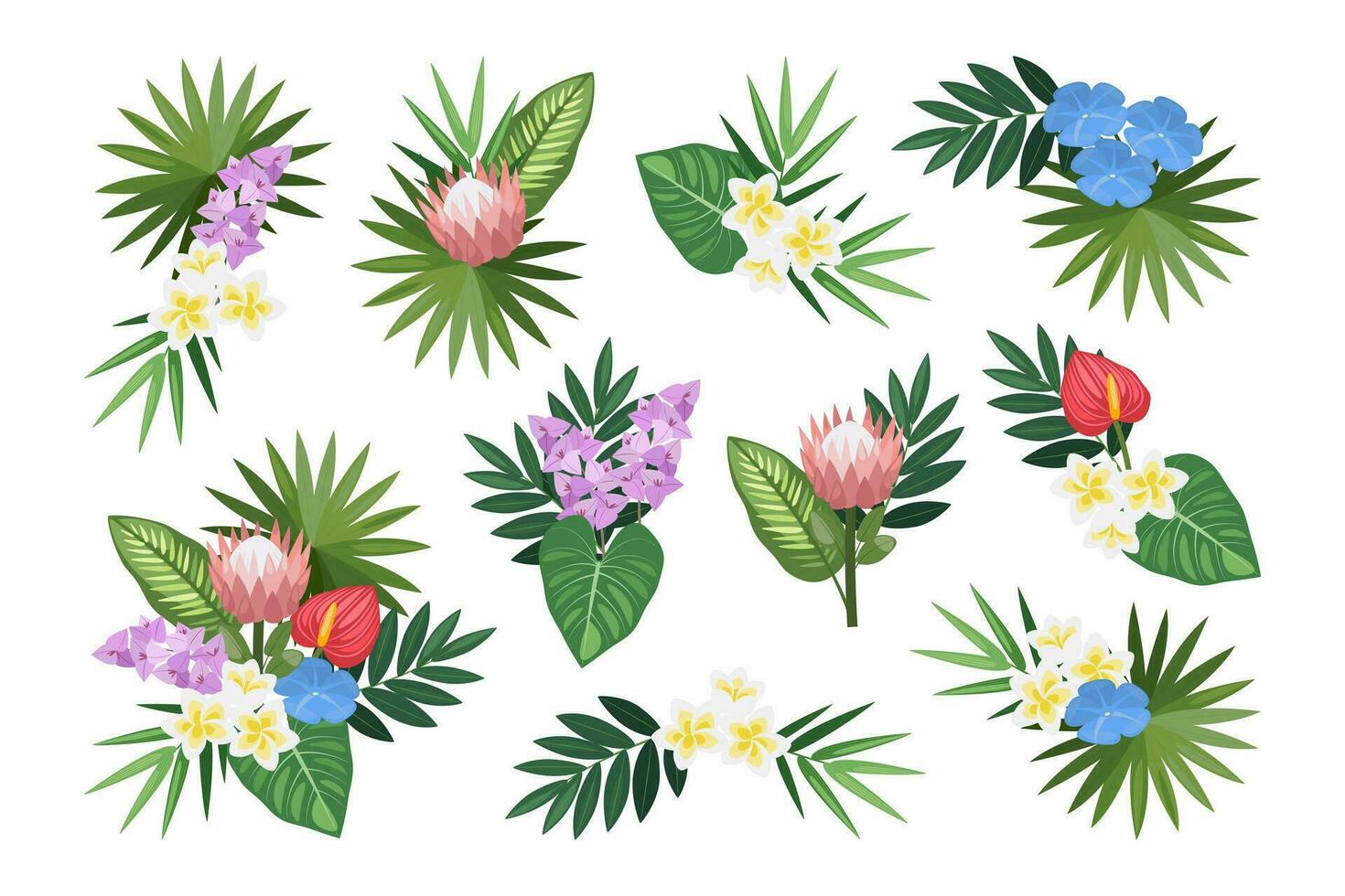 tropisch einstellen von Hand gezeichnet Blumen- Anordnung. Vektor botanisch Illustration. Layouts zum das Design von Gruß Karten und Einladungen.