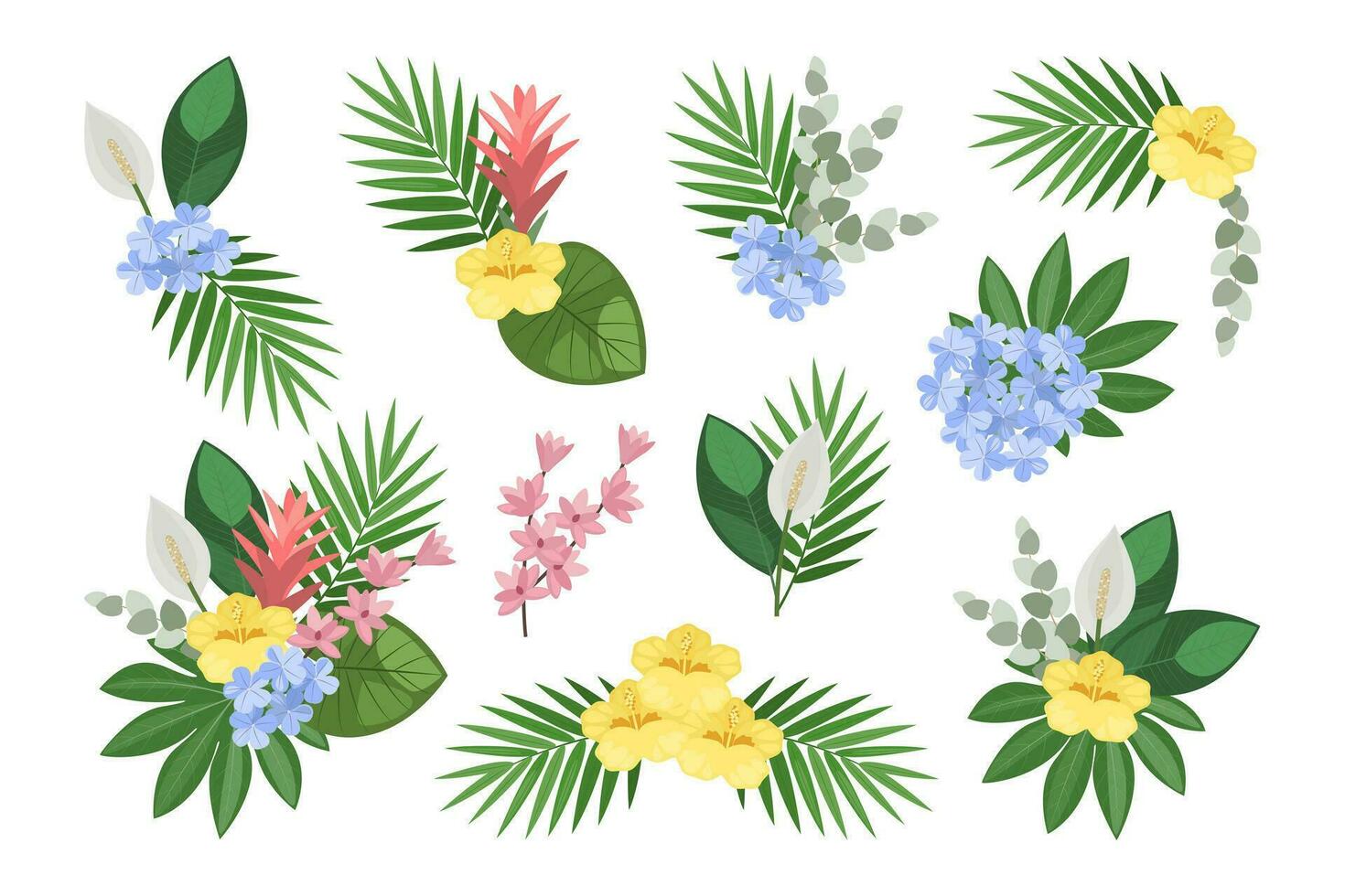 tropisch einstellen von Hand gezeichnet Blumen- Anordnung. Vektor botanisch Illustration. Layouts zum das Design von Gruß Karten und Einladungen.